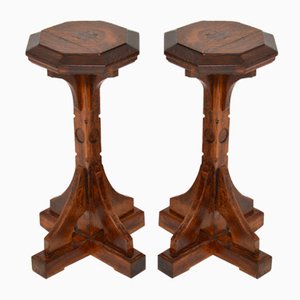 Antique Solid Oak Pedestal Side Tables, Set of 2