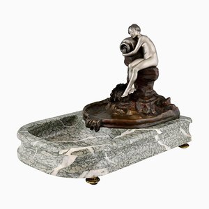 Skulpturale Jugendstil Bronze Schale oder Brunnen mit Sitzender Akt und Vase von Suzanne Bizard, Frankreich, 1900