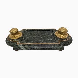 Late 19th Century Inkwell in Gilded Bronze & Green Marble