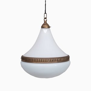 Lampe à Suspension Mid-Century en Opaline et Laiton