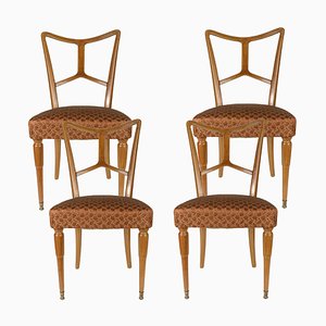 Wood and Fabric Dining Chairs, Italy, 1950s, Set of 4
