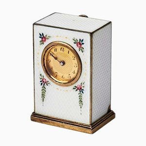 Early 20th Century Miniature Travel Clock in a Silver and Guilloché Enamel Case