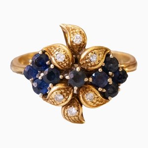 18k Vintage Gold Ring with Sapphires and Diamonds, 1970s