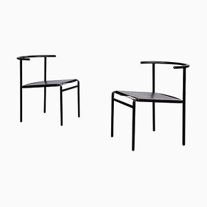 Mid-Century Italian Black Steel Leather Cafè Chairs by Starck for Baleri, 1980s, Set of 2