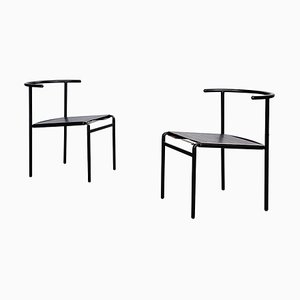 Set of Mid-Century Italian Black Steel Leather Cafè Chairs by Starck for Baleri, 1980s