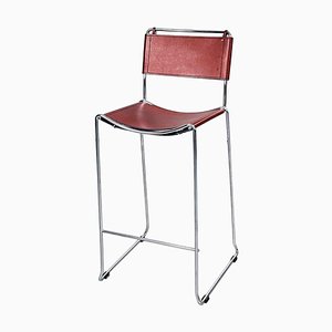 Hoher italienischer Mid-Century Modern Hocker aus braunem Leder & Stahl, 1980er