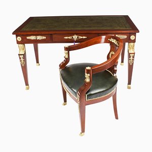 19th Century Empire Revival Bureau Plat Desk Writing Table & Armchair, Set of 2