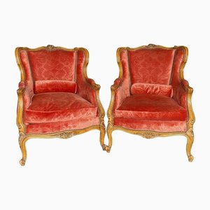 20th Century Louis XV Walnut Velvet Armchairs, Set of 2