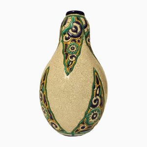 Vaso Art Déco in ceramica con decorazione geometrica policroma di Charles Catteau per Boch Frères, Belgio