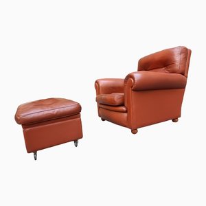 Leather Armchair with Pouf from Poltrona Frau, Set of 2