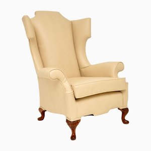 Antique Queen Anne Faux Leather Wing Back Armchair