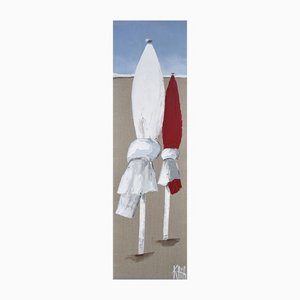 Les parasols de plage, blanc, bordeaux, Acrylique sur Toile de Lin