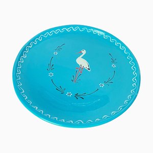 Blue Ceramic Enameled Platter with Bird Pattern, France, 1970s