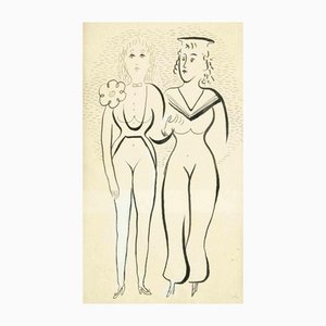 Alfredo Mezio, Deux Femmes, Dessin Original, Début 20ème Siècle
