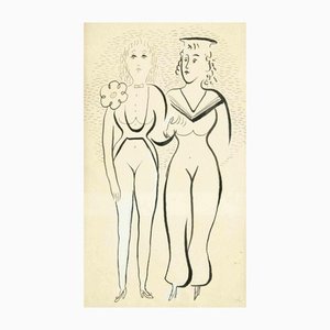 Alfredo Mezio, Two Women, Original Drawing, Early 20th-Century