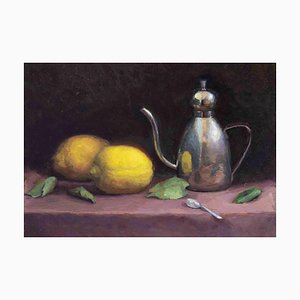 Marco Fariello, Natura morta con limoni, ampolla e cucchiaino, olio su tavola, 2020