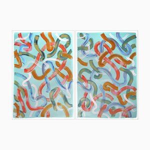 Natalia Roman, Vivid Looping Lines on Turquoise, 2022, acrilico su carta per acquerello