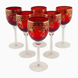 Vintage Boheminian Red Gilded & Enameled Wine Glasses, Set of 6