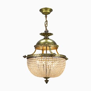 French Louis XVI Bronze and Crystal Glass Four-Light Basket Chandelier, 1890s
