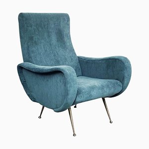 Mid-Century Modern Italian Blue Fabric and Brass Feet Armchair, 1950s