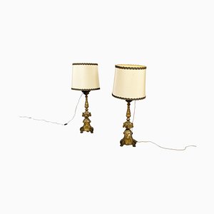 Antique Italian Gold Painted Wood and Beige Fabric Table Lamps, 1800s, Set of 2