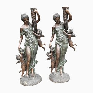 Italian Bronze Maidens Demeter Cherub Statue, Set of 2