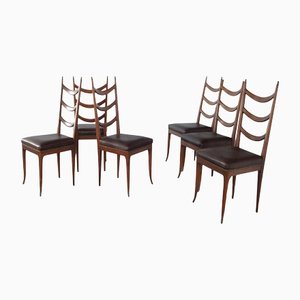 Leather Wooden Chairs by Osvaldo Borsani Production, 1950s, Set of 6