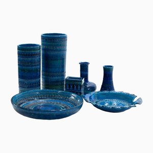 Blaue Vasen und Teller von Flavia Montelupo und Aldo Londi für Bitossi, Italien 1970er, 7er Set