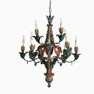 Large Mid-Century Tole Painted Wrought Iron Chandelier with Leafs, Italy, 1950s
