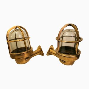 Mid-Century Nautical Brass & Glass Wall Lights, Set of 2