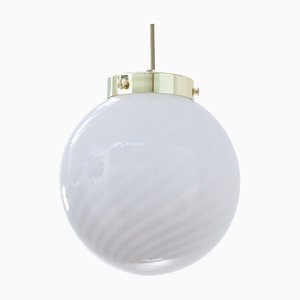 Vintage Italian White Sphere Suspension Light with Spiral Decoration