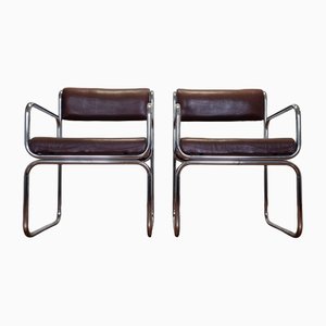 Sillas Bauhaus vintage tubulares de cuero marrón, años 70. Juego de 2