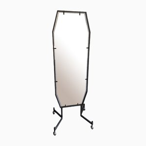 Mid-Century Modern Italian Mirror with Metal Frame and Legs on Wheels, 1970s
