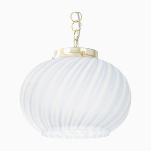 Suspension Light in Satin Glass with White & Turquoise Lines, Italy