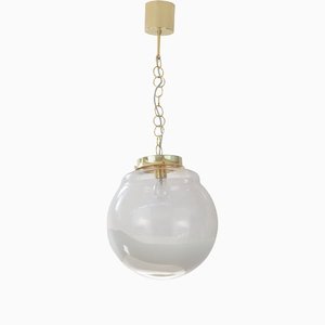 Lampada a sospensione con sfera e decorazione in vetro bianco, Italia