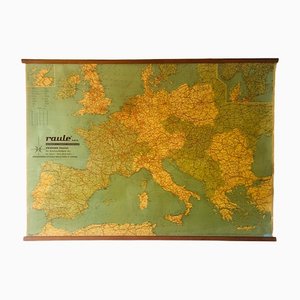 Europa Straßenkarte aus Leinen mit Holzleisten, 1960er