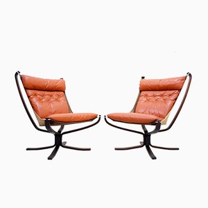 Fauteuils Falcon en Cuir Cognac par Sigurd Ressell pour Vatne Møbler, Norvège, 1970s, Set de 2