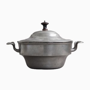 Maceta vintage grande de estaño con 2 asas y tapa con asa de madera