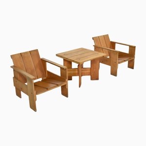 Crate Chairs with Table by Gerrit Thomas Rietveld for Cassina, 1980s, Set of 3