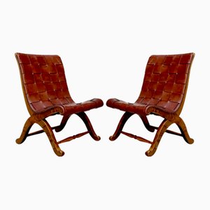 Set of Spanish Oak Leather Strap Chairs by Pierre Lottier for Valmazan, 1950s