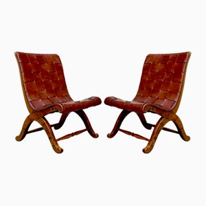 Spanish Oak Leather Strap Chairs by Pierre Lottier for Valmazan, 1950s, Set of 2