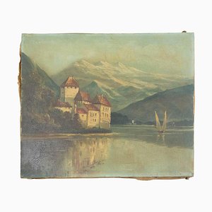 Landscape Chateau Chillon Leman Lake, Switzerland, Late 19th-Century, Oil on Canvas
