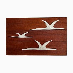 Mid-Century Wall Decoration of Birds in Teak and Porcelain, 1960s