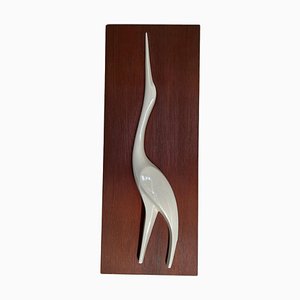 Mid-Century Wall Decoration of Bird in Teak and Porcelain, 1960s