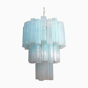 Lámpara de araña tubular de cristal de Murano azul hielo