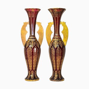 19th Century Bohemian Ruby Red and Gold Cut Crystal Vases, Set of 2