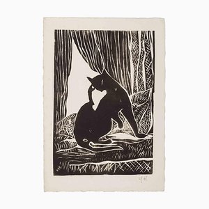 Giselle Halff, Chat, Gravure sur Bois Originale, Milieu du 20ème Siècle