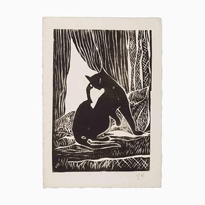 Giselle Halff, gato, grabado en madera original, mediados del siglo XX
