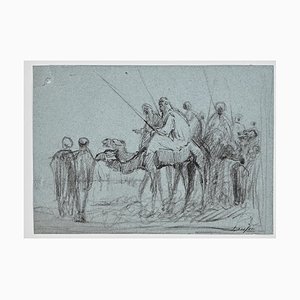 Edouard Dufeu, Bedouins with Camels, Original Drawing in Pen, 1880s