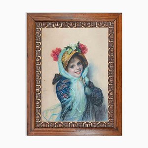 Arnaldo De Lisio, Smiling Girl, Original Drawing, 1917, Framed